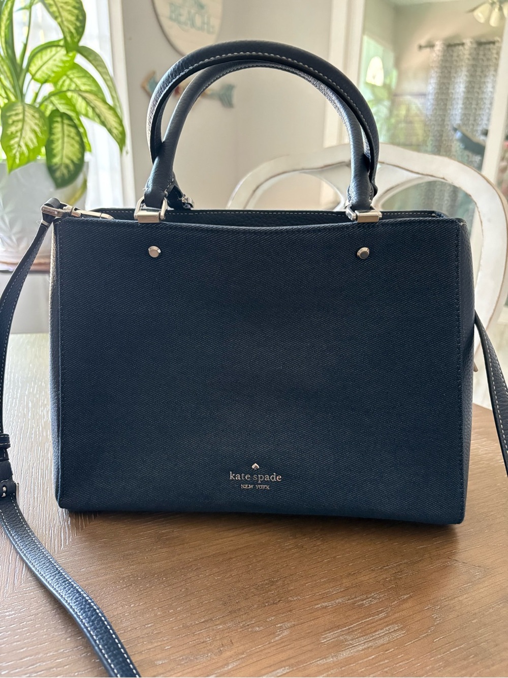 kate spade navy blue structured satchel with top handles